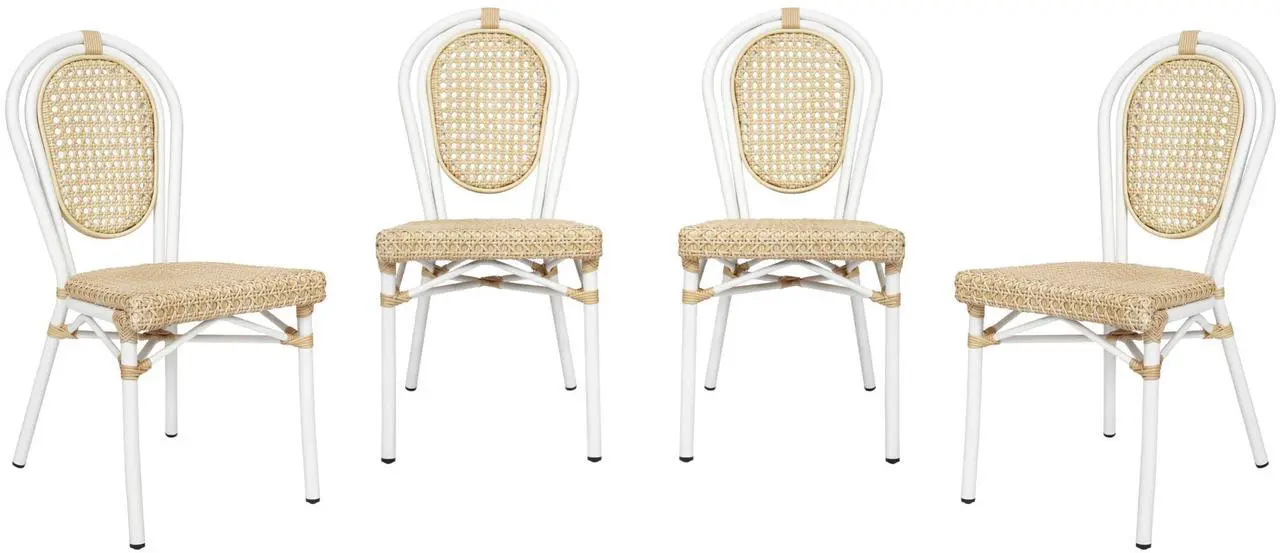 Alt view image 2 of 7 - Flash Furniture Cannes Indoor/Outdoor Commercial Thonet Bistro Stack Chair - Natural PE Cane Rattan Back and Seat - White Metal Frame - Set of 4