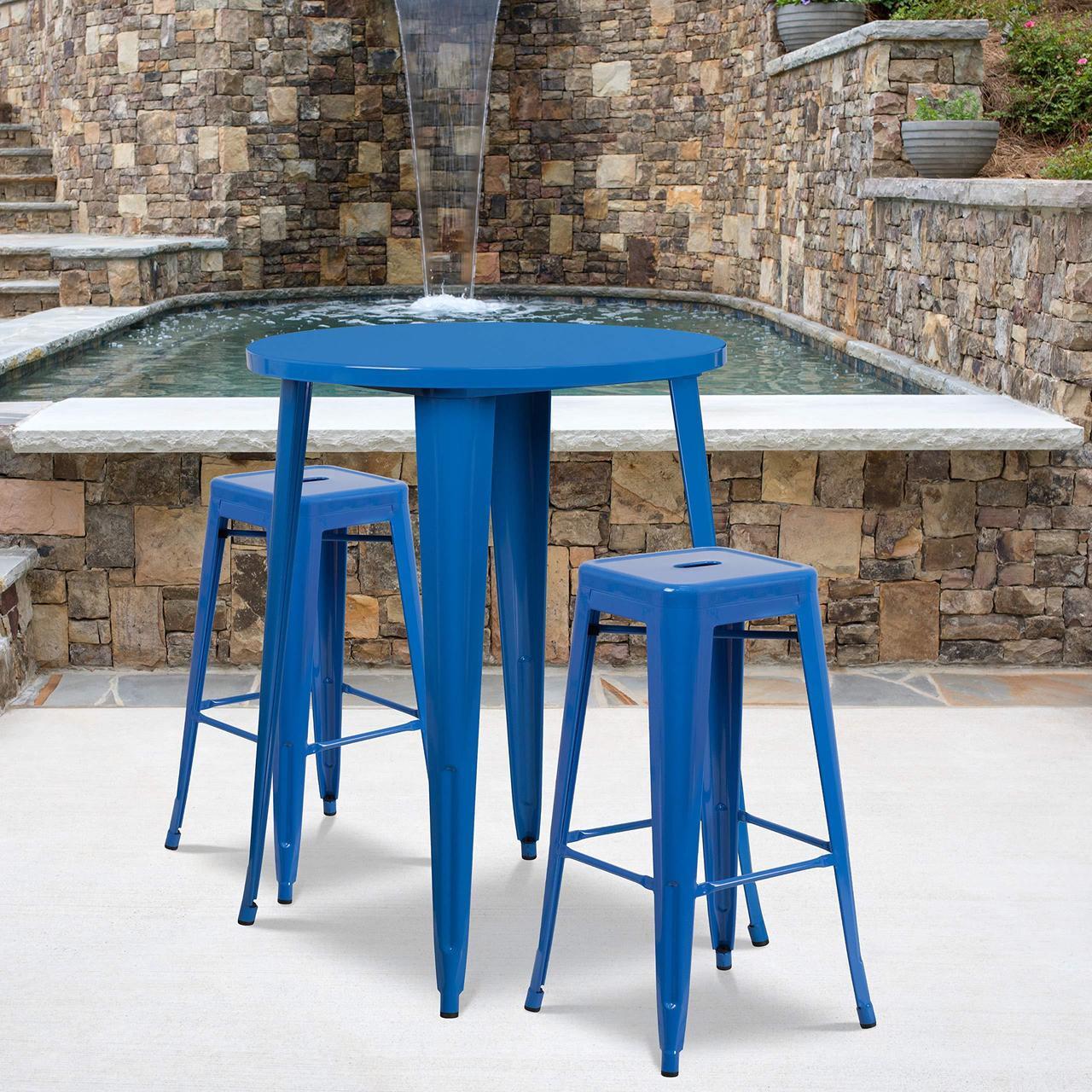 Alt view image 3 of 6 - Flash Furniture 30'' Round Blue Metal Indoor-Outdoor Bar Table Set with 2 Square Seat Backless Stools