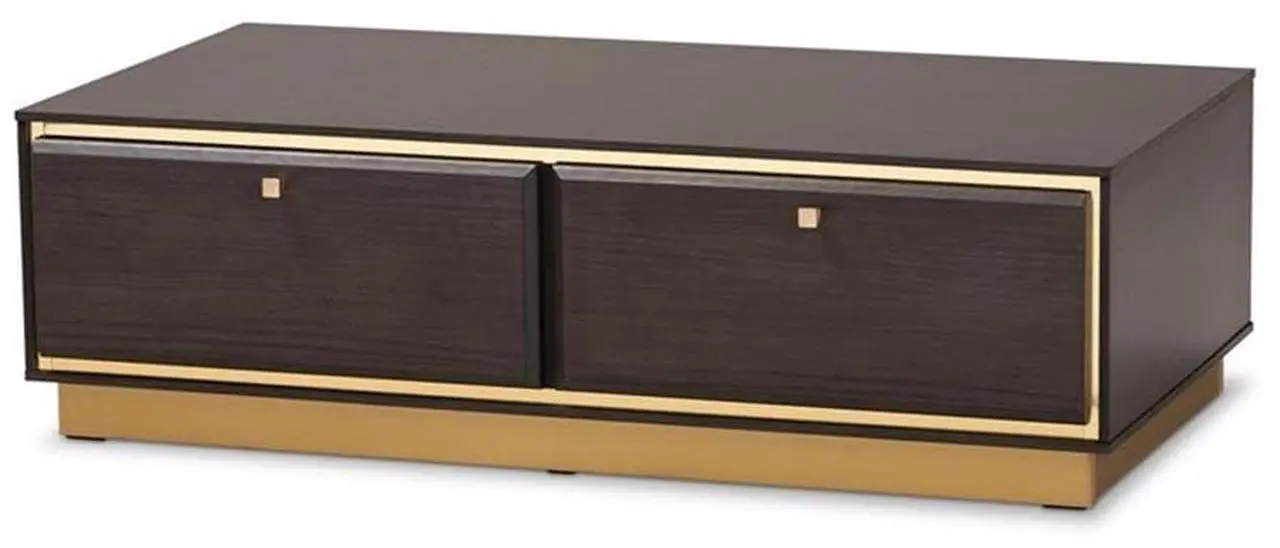 Alt view image 14 of 20 - Baxton Studio Cormac Mid-Century Modern Transitional Dark Brown Finished Wood and Gold Metal 2-Drawer Coffee Table