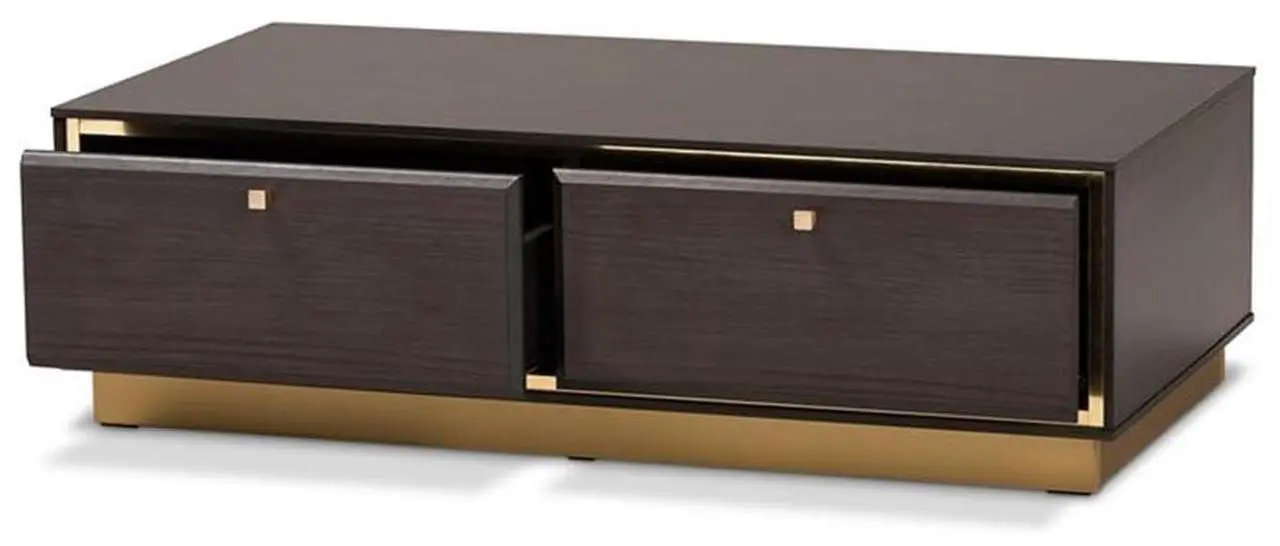 Alt view image 15 of 20 - Baxton Studio Cormac Mid-Century Modern Transitional Dark Brown Finished Wood and Gold Metal 2-Drawer Coffee Table