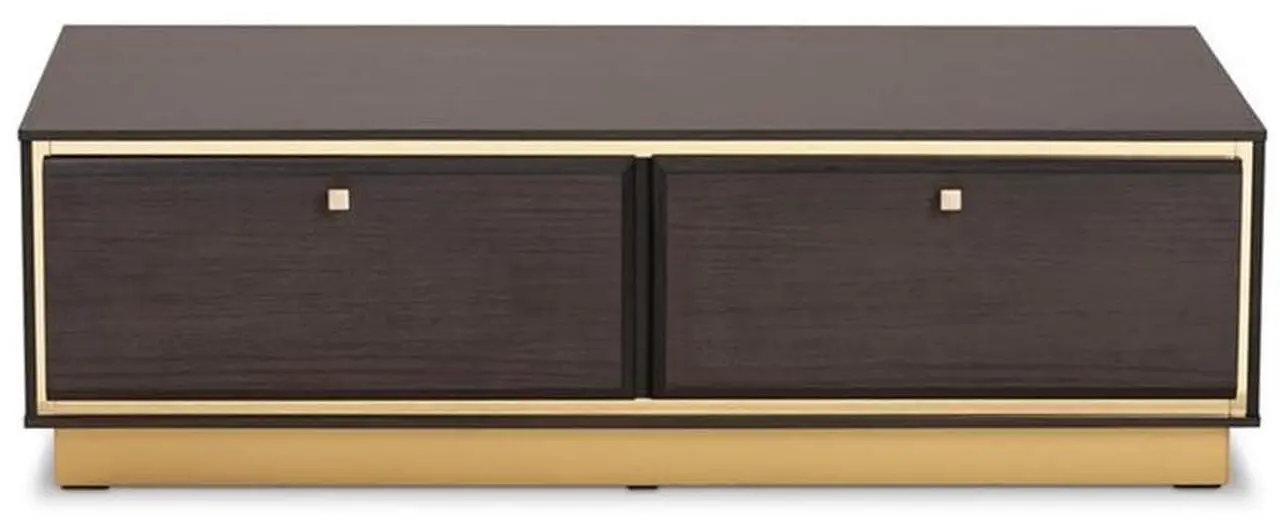 Alt view image 16 of 20 - Baxton Studio Cormac Mid-Century Modern Transitional Dark Brown Finished Wood and Gold Metal 2-Drawer Coffee Table