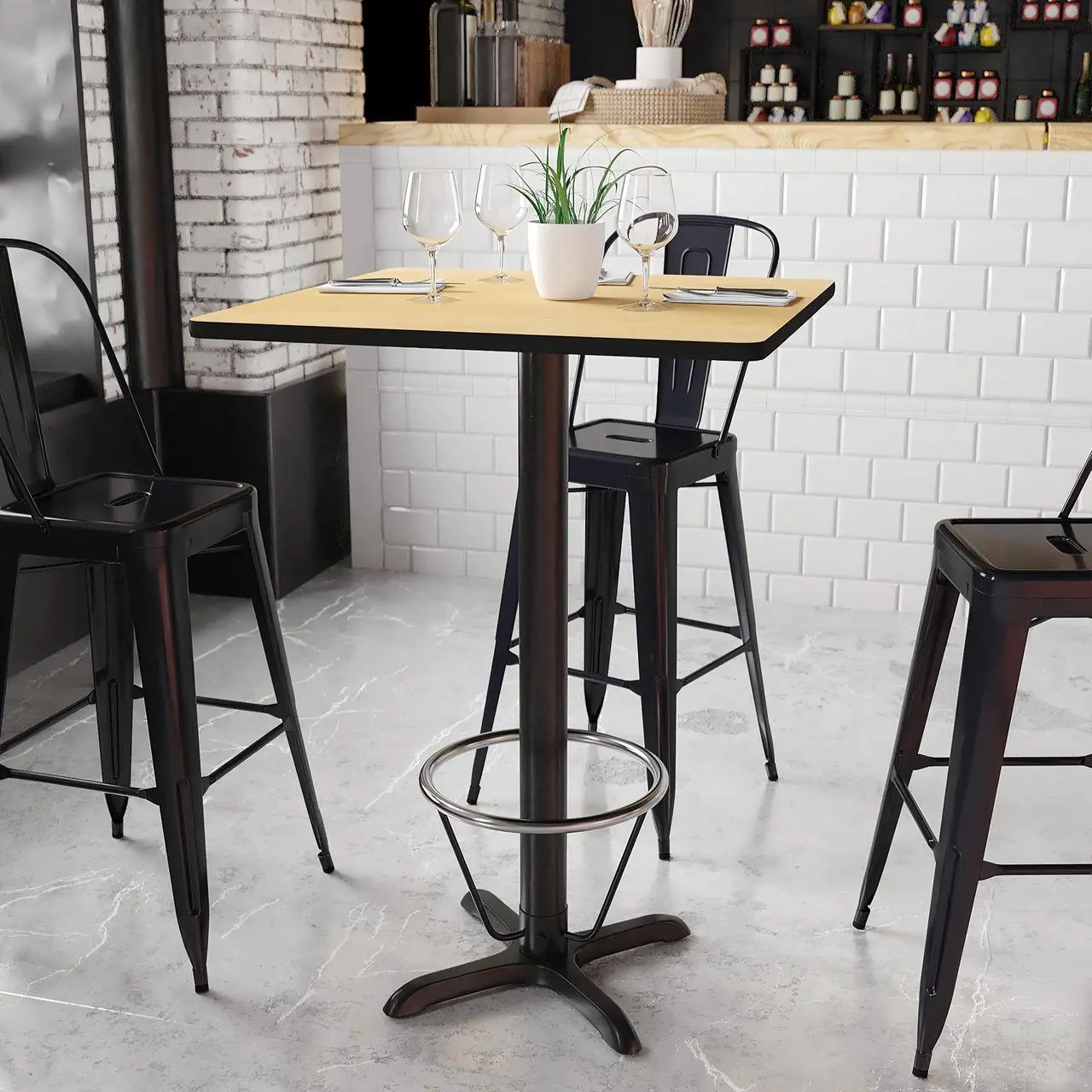Alt view image 8 of 8 - 30'' Square Natural Laminate Table Top with 22'' x 22'' Bar Height Table Base and Foot Ring