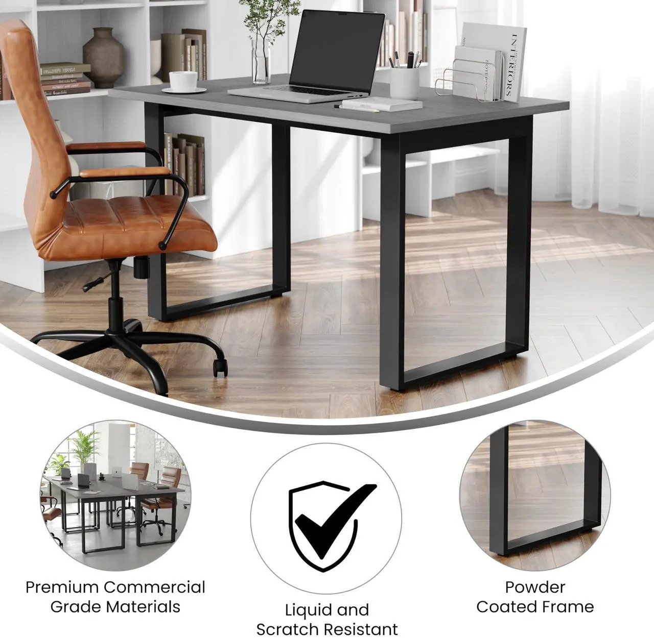 Alt view image 3 of 7 - Flash Furniture Redmond Conference Table with U-Frame Base, Commercial Water and Scratch Resistant Laminate Finish, PVC Edge, Heavy Duty Steel Frame, 48x30, Gray Oak
