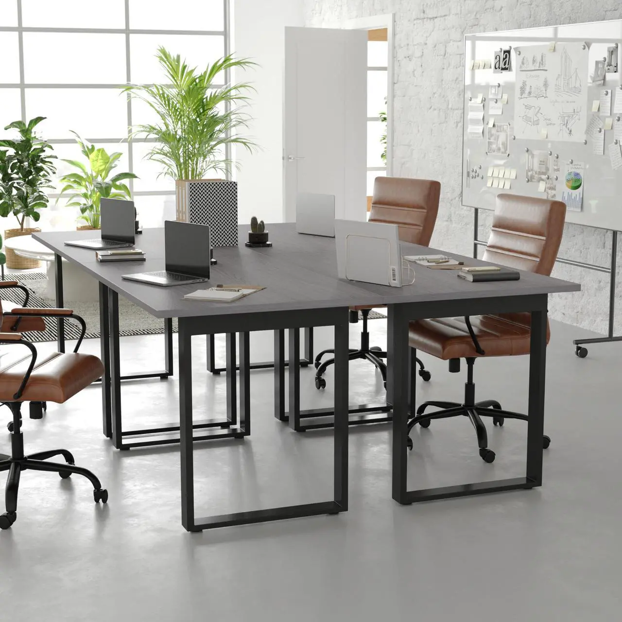 Alt view image 4 of 7 - Flash Furniture Redmond Conference Table with U-Frame Base, Commercial Water and Scratch Resistant Laminate Finish, PVC Edge, Heavy Duty Steel Frame, 48x30, Gray Oak