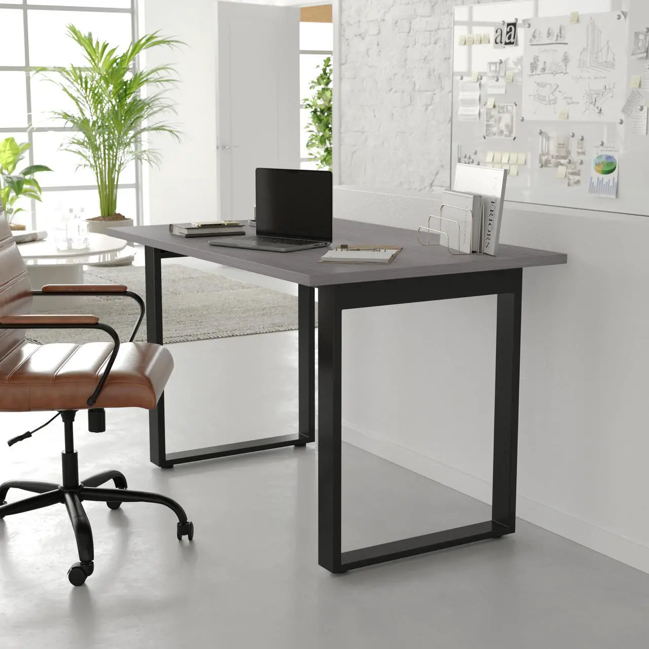 Alt view image 7 of 7 - Flash Furniture Redmond Conference Table with U-Frame Base, Commercial Water and Scratch Resistant Laminate Finish, PVC Edge, Heavy Duty Steel Frame, 48x30, Gray Oak
