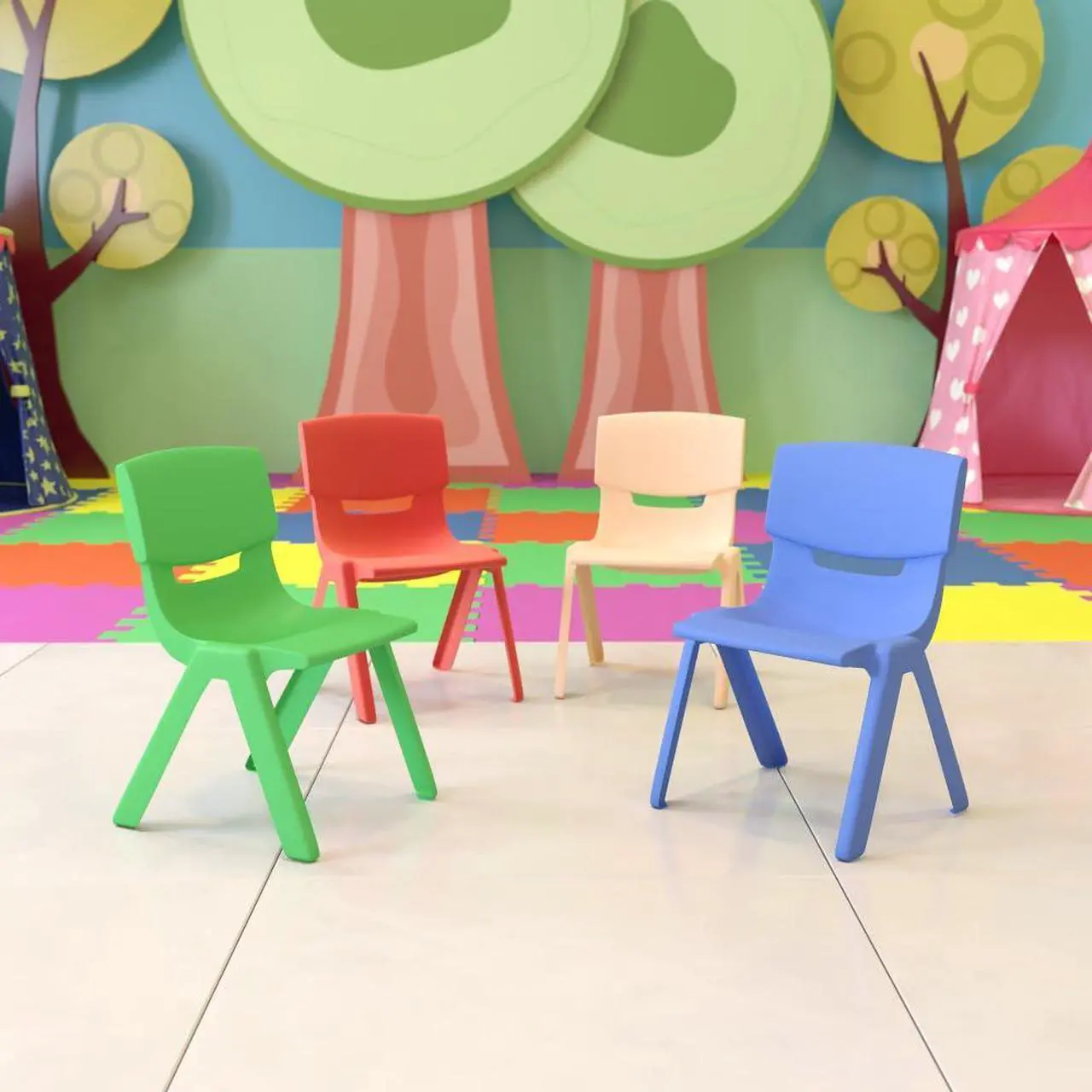Alt view image 12 of 18 - 4 Pack Plastic Stackable School Chairs with 10.5" Seat Height, Assorted Colors