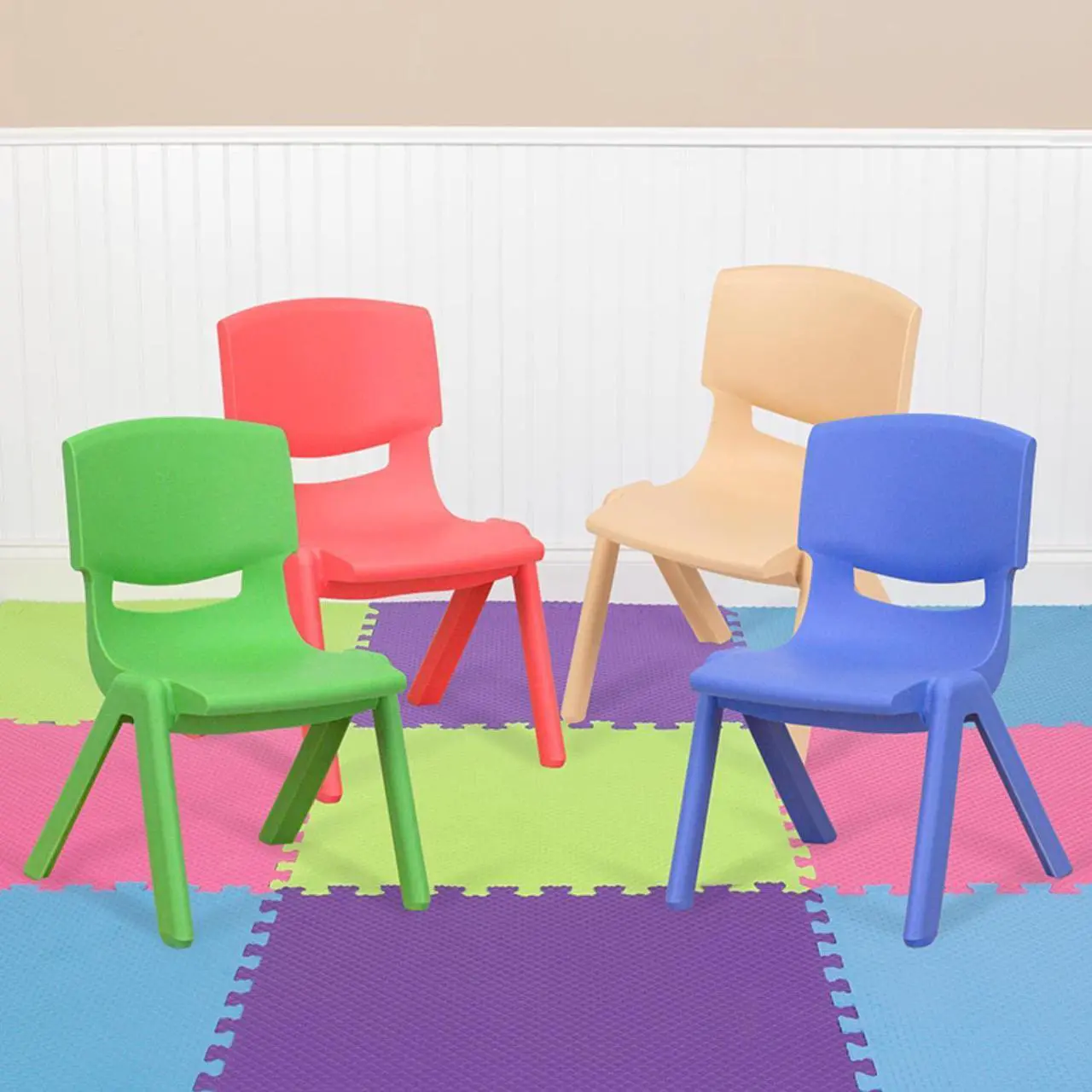 Alt view image 15 of 18 - 4 Pack Plastic Stackable School Chairs with 10.5" Seat Height, Assorted Colors