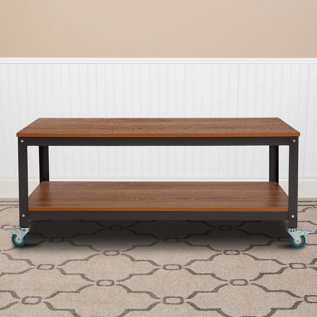 Alt view image 10 of 12 - Flash Furniture Livingston Collection TV Stand with Metal Wheels, Brown Oak Wood Grain Finish