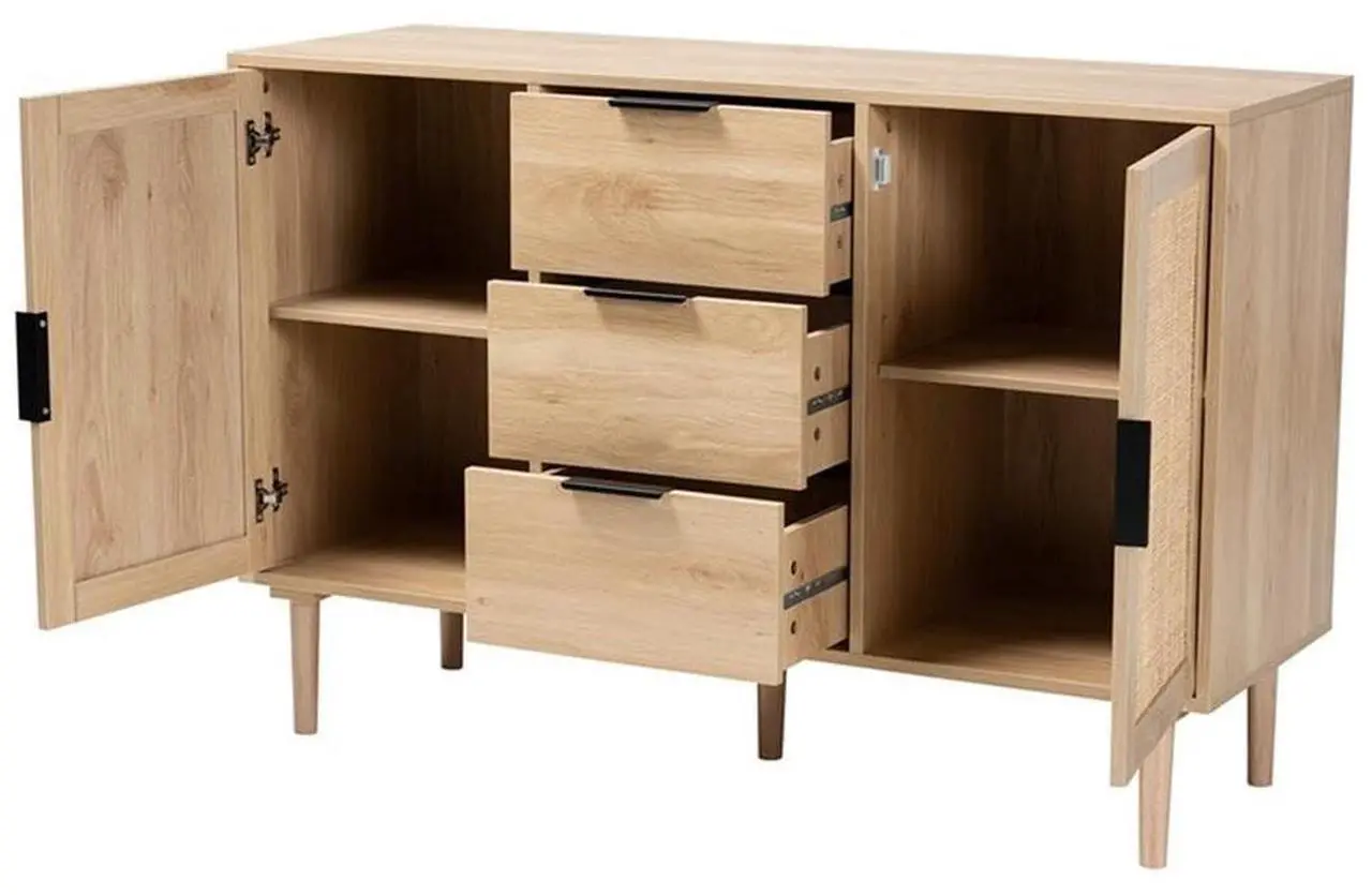 Alt view image 15 of 20 - Baxton Studio Harrison Mid-Century Modern Natural Brown Finished Wood and Natural Rattan 3-Drawer Sideboard