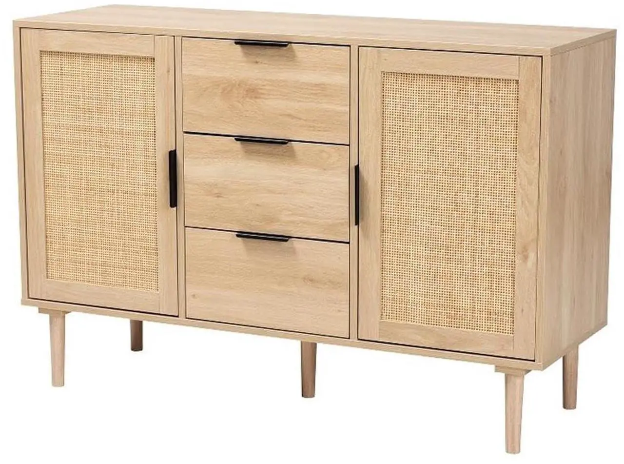 Alt view image 14 of 20 - Baxton Studio Harrison Mid-Century Modern Natural Brown Finished Wood and Natural Rattan 3-Drawer Sideboard