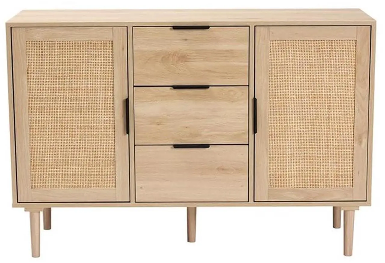 Alt view image 16 of 20 - Baxton Studio Harrison Mid-Century Modern Natural Brown Finished Wood and Natural Rattan 3-Drawer Sideboard