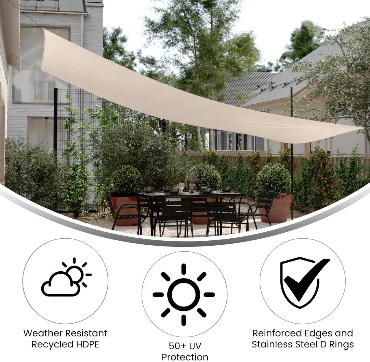 Alt view image 3 of 7 - Flash Furniture Palmetto Rectangle Sun Sail Canopy, Recycled HDPE with Reinforced Edges, Stainless Steel D Rings, Included 5 FT Nylon Attachment Ropes, 20 FT, Sand