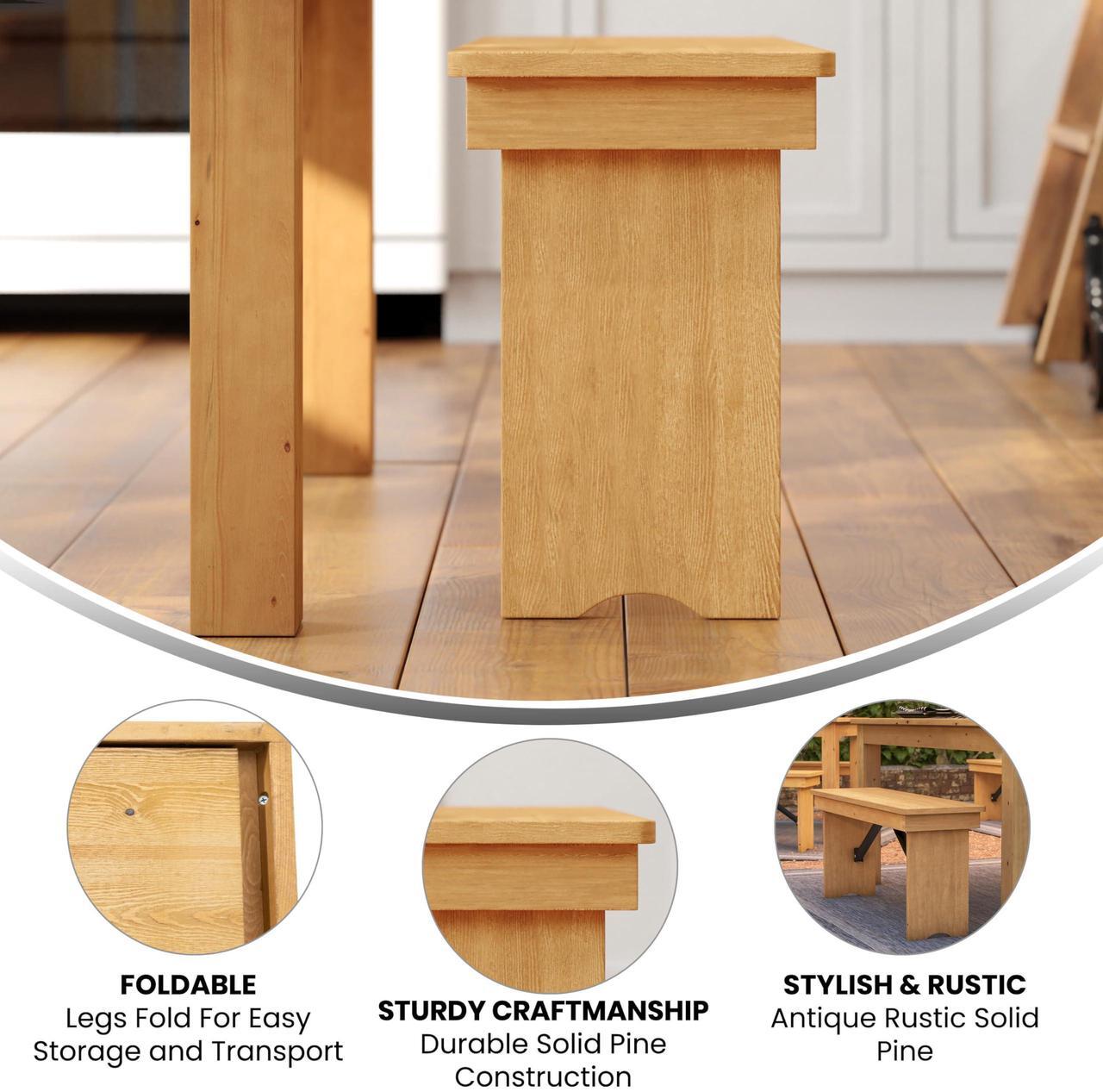 Alt view image 4 of 7 - Flash Furniture HERCULES 40" x 12" Folding Farm Bench, Solid Pine Entryway Bench in Light Natural