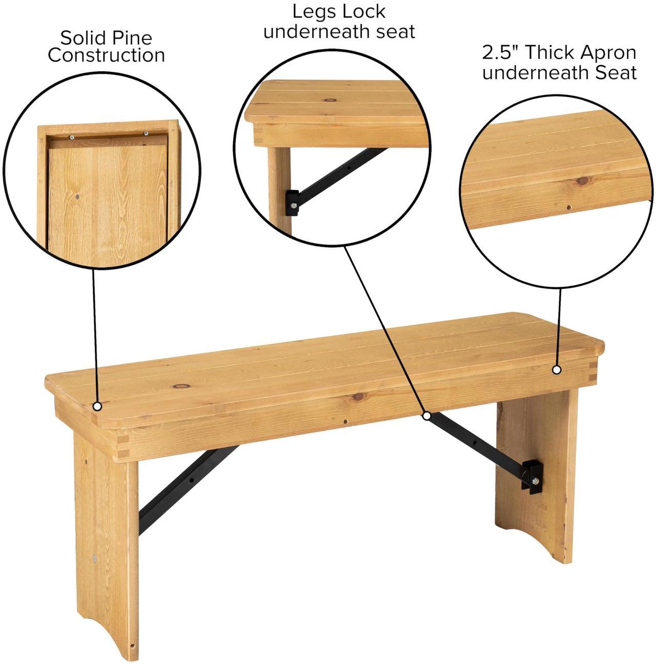 Alt view image 5 of 7 - Flash Furniture HERCULES 40" x 12" Folding Farm Bench, Solid Pine Entryway Bench in Light Natural