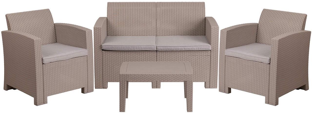 Alt view image 4 of 5 - Flash Furniture 4 Piece Outdoor Faux Rattan Chair, Loveseat and Table Set in Charcoal