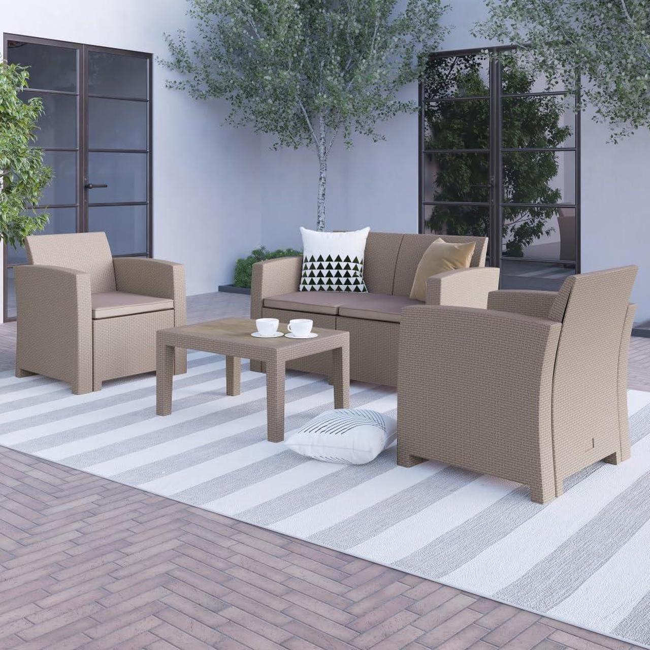 Alt view image 3 of 5 - Flash Furniture 4 Piece Outdoor Faux Rattan Chair, Loveseat and Table Set in Charcoal