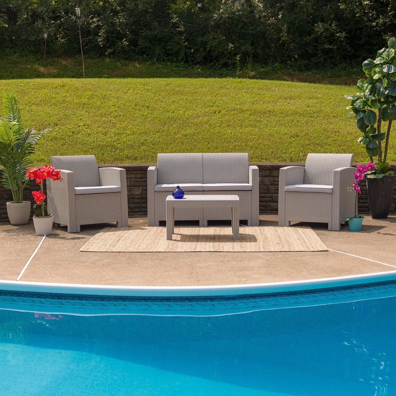 Alt view image 5 of 5 - Flash Furniture 4 Piece Outdoor Faux Rattan Chair, Loveseat and Table Set in Charcoal