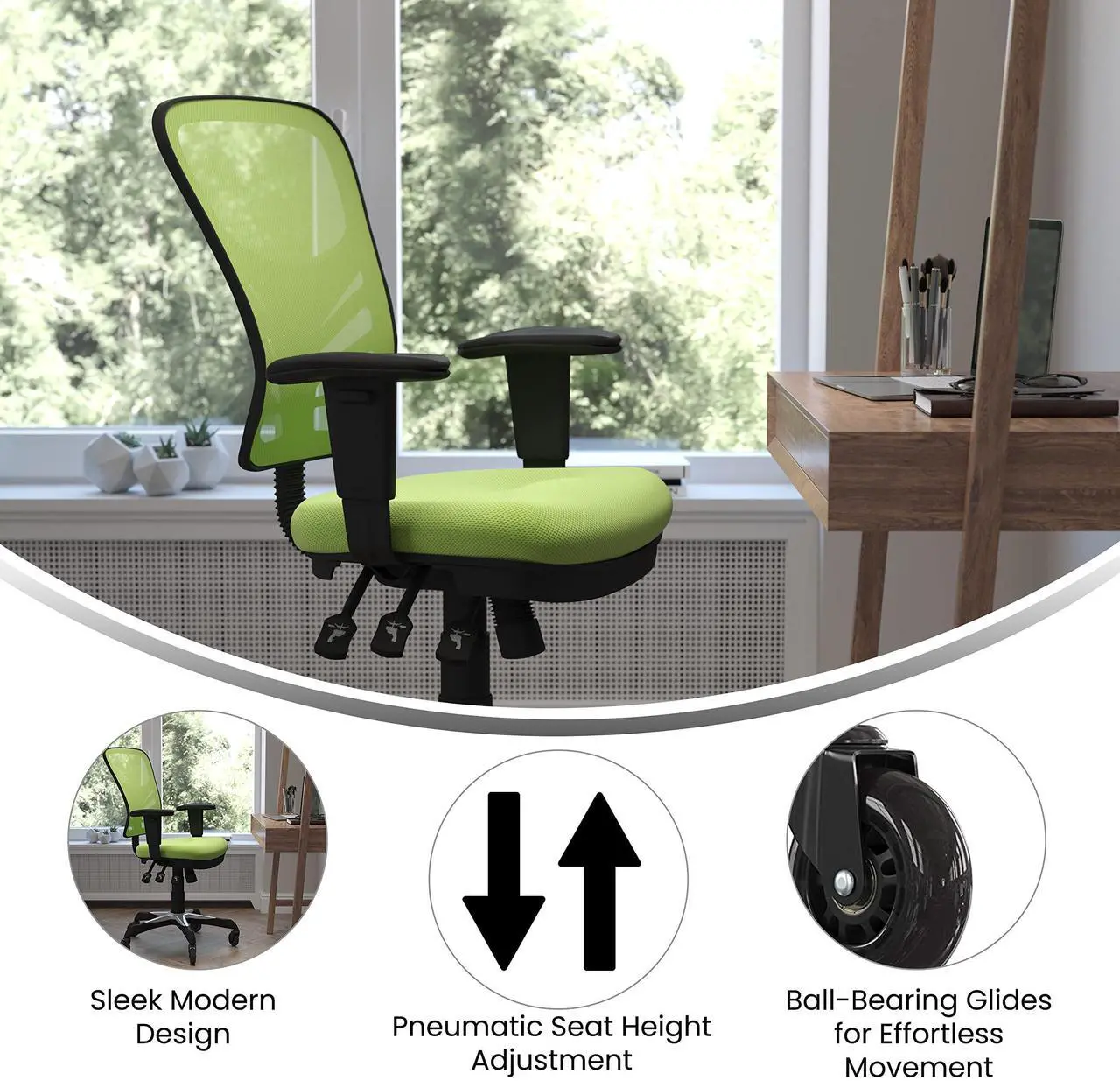 Alt view image 20 of 20 - Flash Furniture Nicholas Ergonomic Mesh Swivel Executive Office Chair with Transparent Roller Wheels Green (HL0001GNRLB)