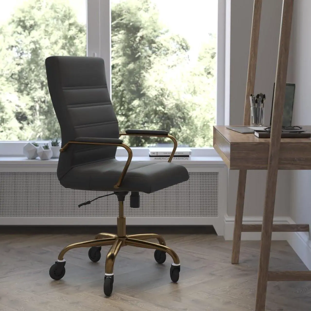 Alt view image 16 of 20 - Whitney High Back Black LeatherSoft Executive Swivel Office Chair with Gold Frame, Arms, and Transparent Roller Wheels