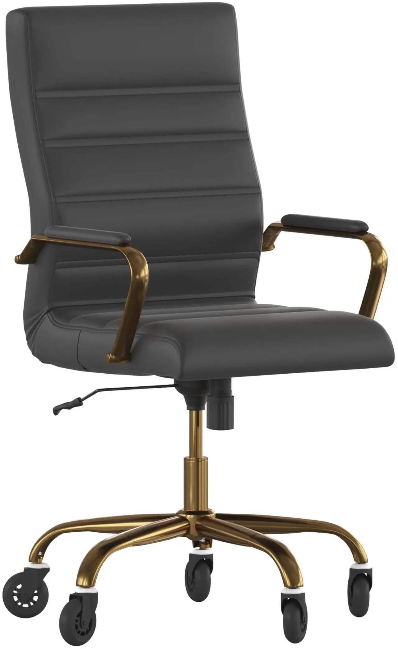 Alt view image 17 of 20 - Whitney High Back Black LeatherSoft Executive Swivel Office Chair with Gold Frame, Arms, and Transparent Roller Wheels