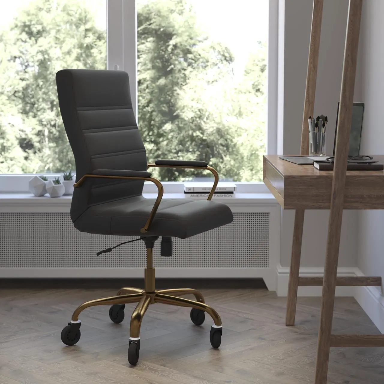 Alt view image 18 of 20 - Whitney High Back Black LeatherSoft Executive Swivel Office Chair with Gold Frame, Arms, and Transparent Roller Wheels