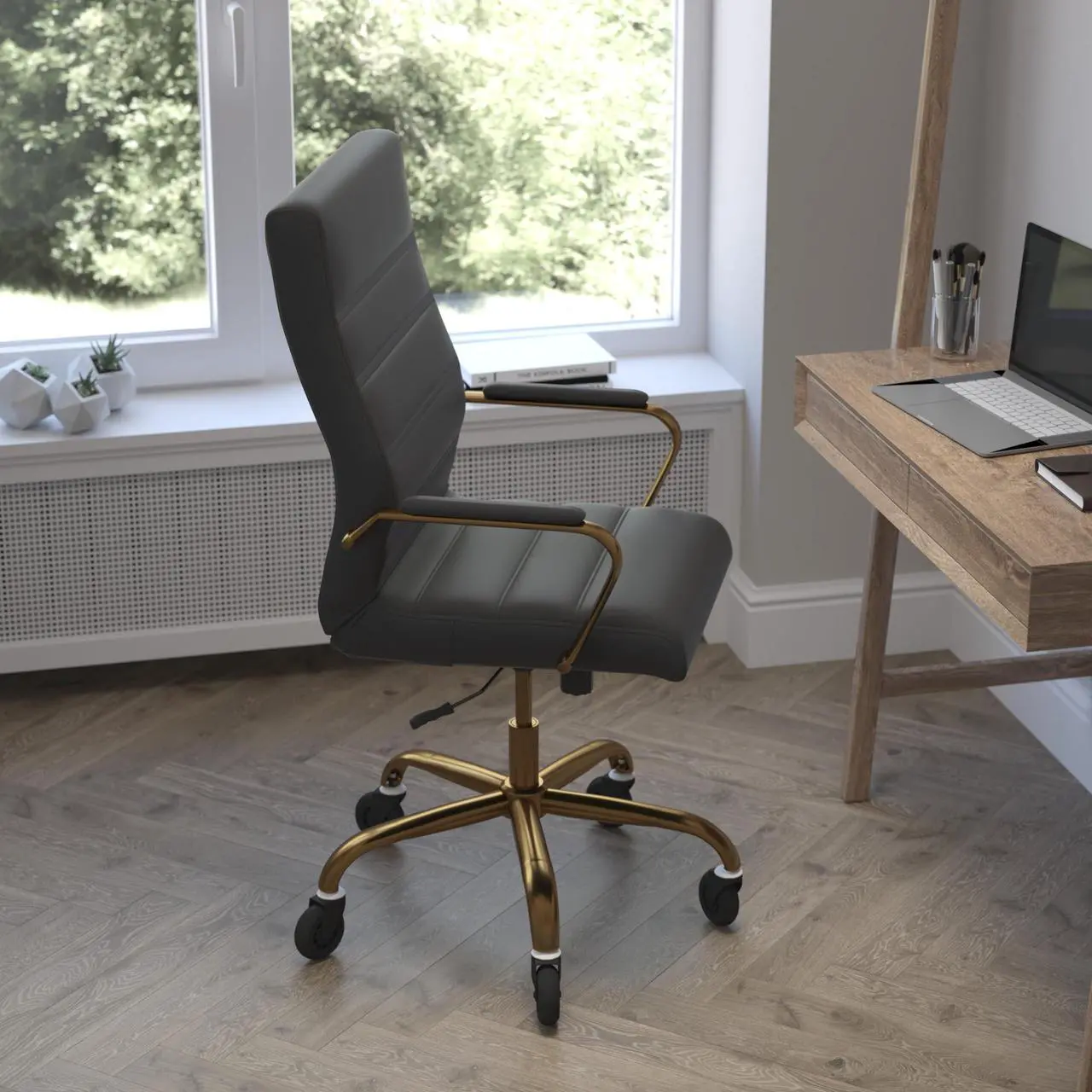 Alt view image 20 of 20 - Whitney High Back Black LeatherSoft Executive Swivel Office Chair with Gold Frame, Arms, and Transparent Roller Wheels