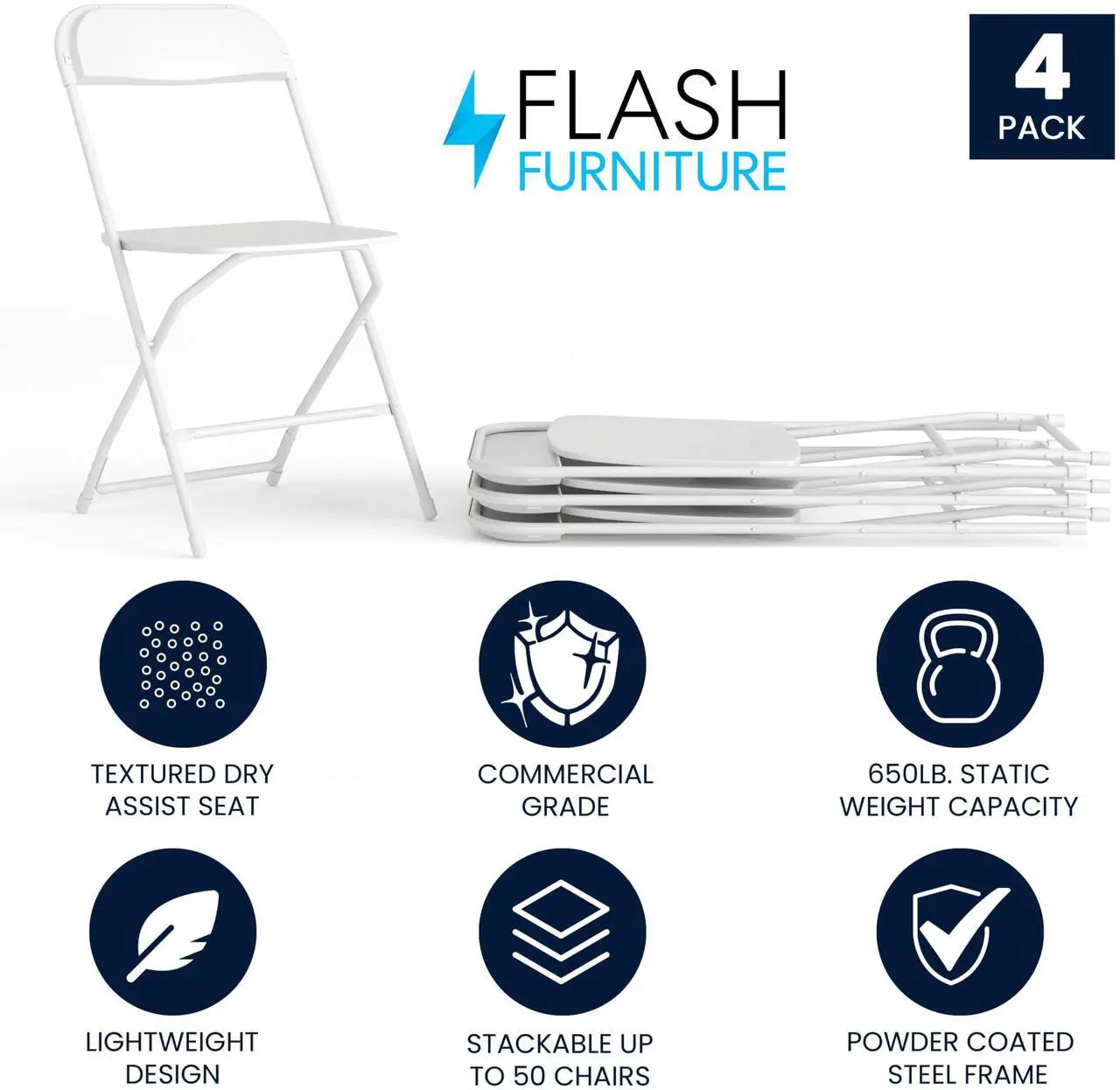Alt view image 3 of 7 - Flash Furniture Hercules Series Plastic Folding Chair - White - 4 Pack 650LB Weight Capacity Comfortable Event Chair-Lightweight Folding Chair