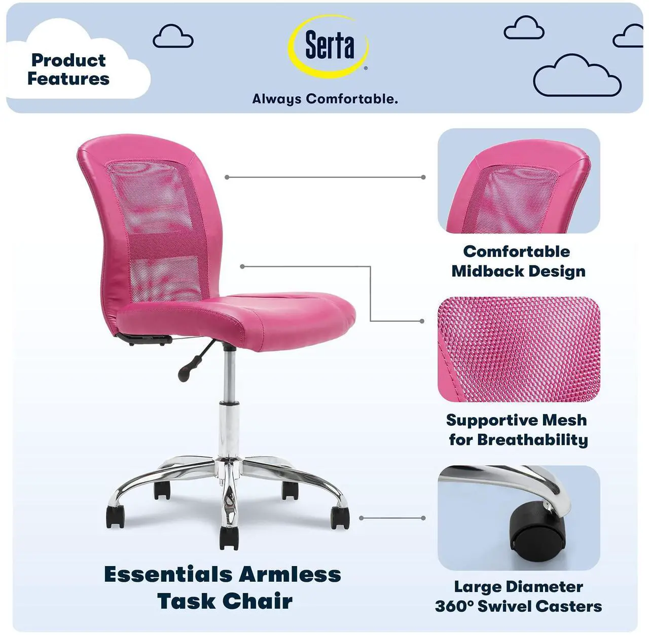 Alt view image 3 of 7 - Serta Essentials Computer Chair, Teamwork Pink Faux Leather and Mesh