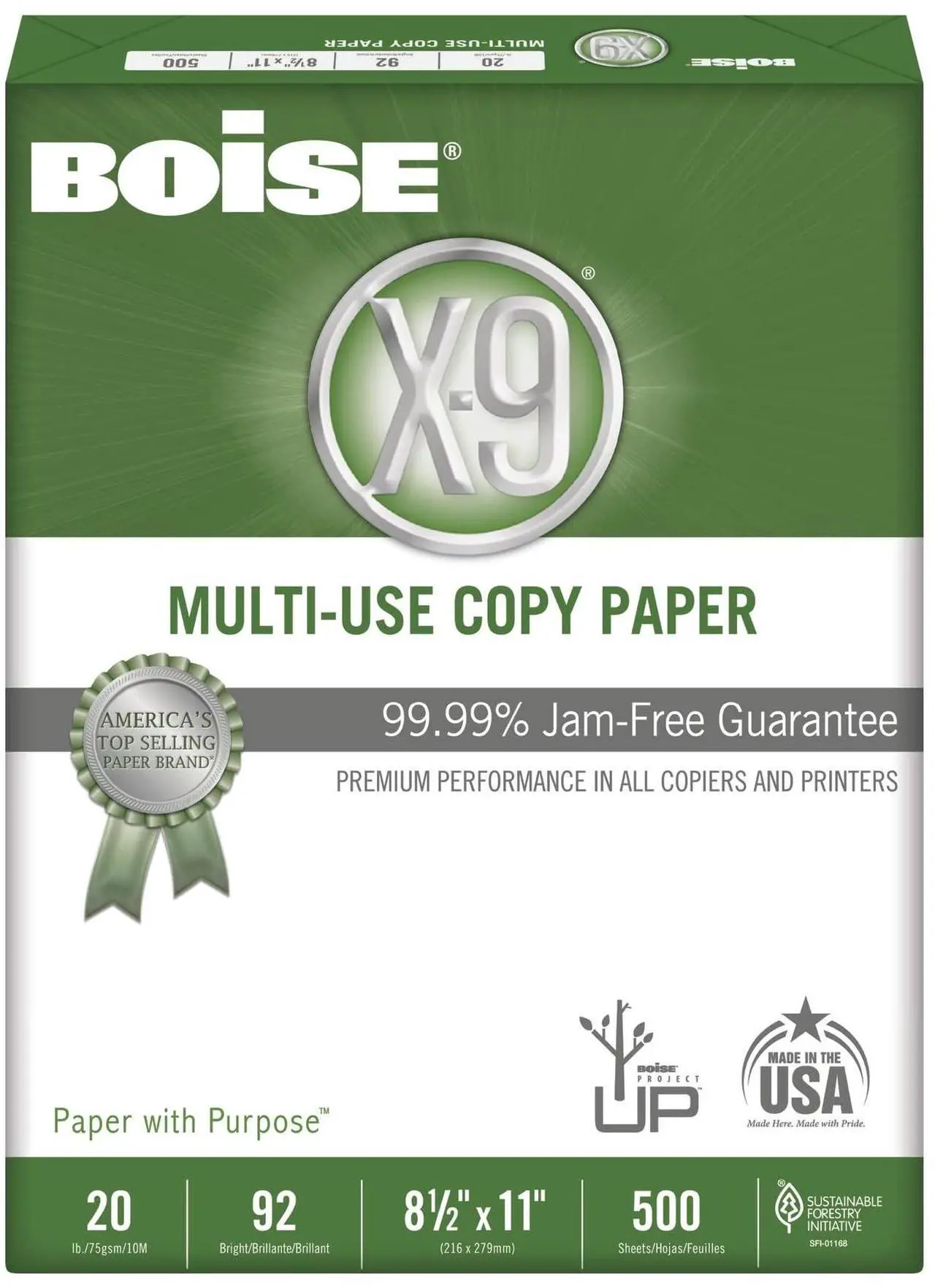 Main image of Boise® X-9® Multi-Use Printer & Copier Paper, Letter Size (8 1/2" x 11"), Ream Of 500 Sheets, 92 (U.S.) Brightness, 20 Lb, White