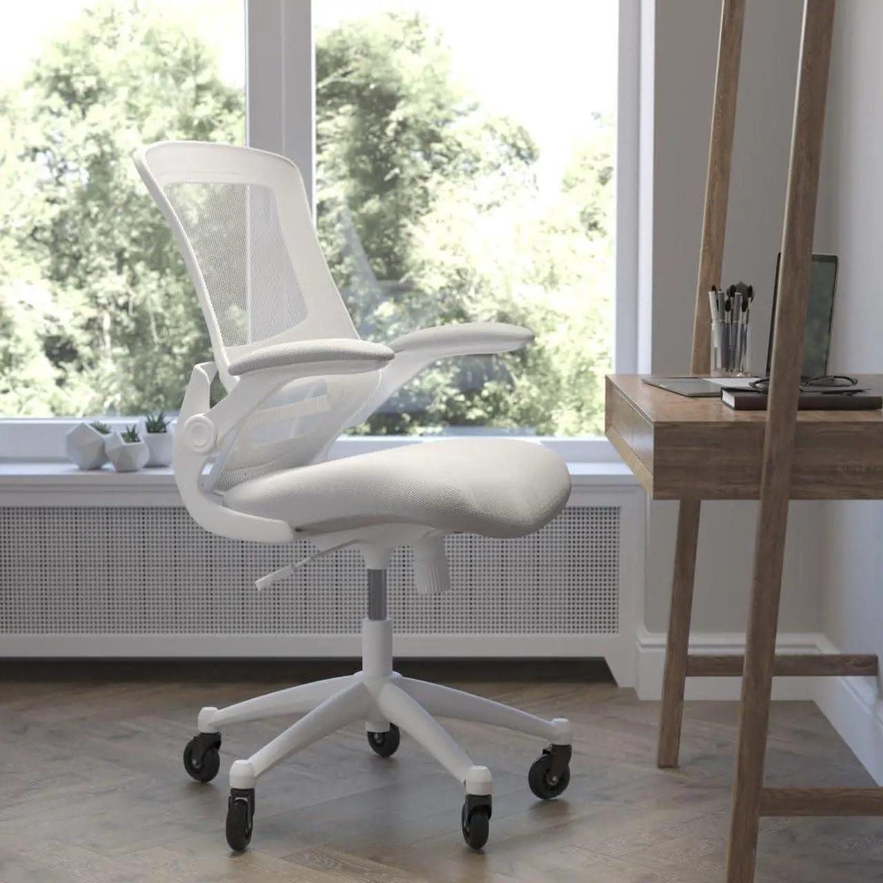 Alt view image 17 of 20 - Kelista Mid-Back Light Gray Mesh Swivel Ergonomic Task Office Chair with White Frame, Flip-Up Arms, and Transparent Roller Wheels