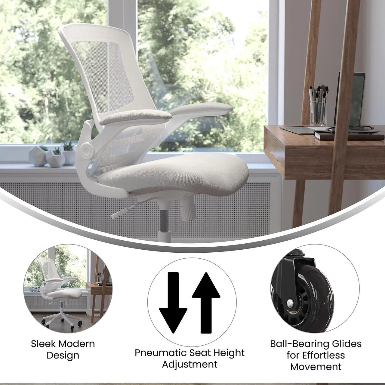 Alt view image 20 of 20 - Kelista Mid-Back Light Gray Mesh Swivel Ergonomic Task Office Chair with White Frame, Flip-Up Arms, and Transparent Roller Wheels