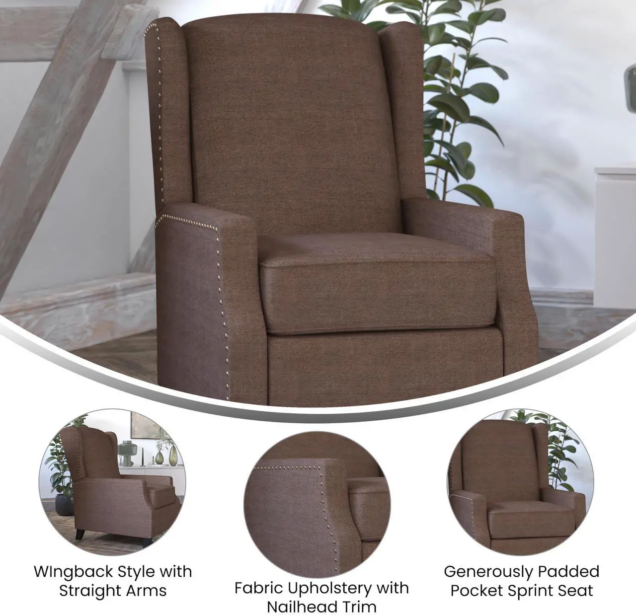 Alt view image 4 of 7 - Flash Furniture Prescott Slim Wingback Recliner Chair - Traditional Push Back Recliner - Brown Polyester Fabric with Accent Nail Trim - Pocket Spring Seat