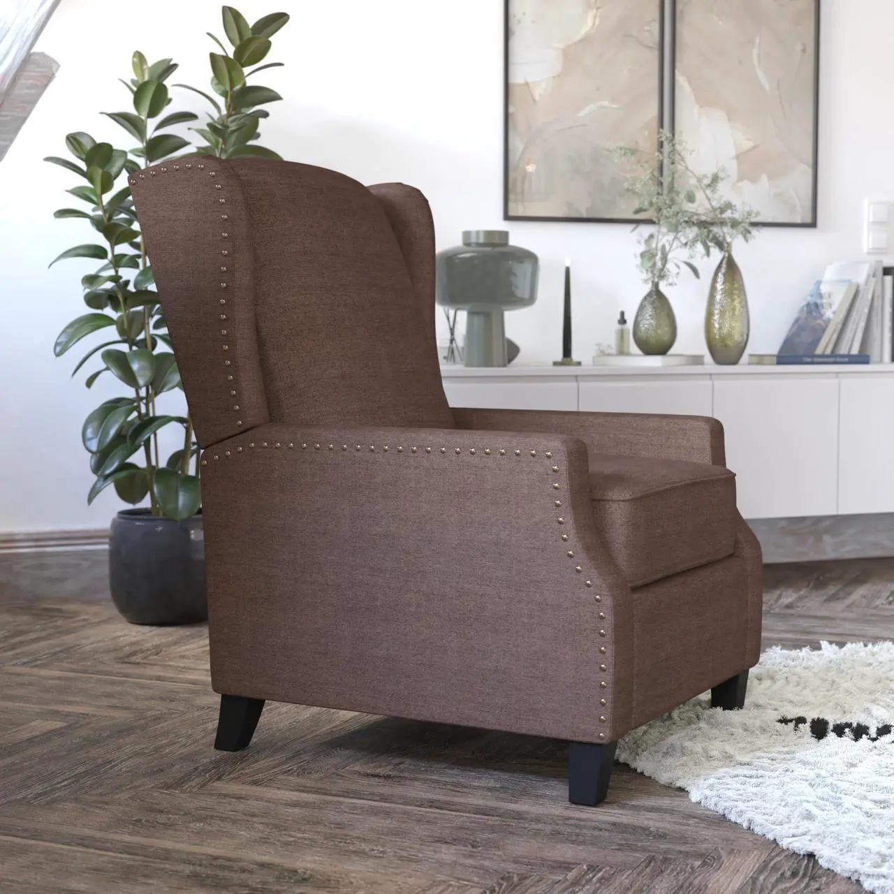 Alt view image 5 of 7 - Flash Furniture Prescott Slim Wingback Recliner Chair - Traditional Push Back Recliner - Brown Polyester Fabric with Accent Nail Trim - Pocket Spring Seat