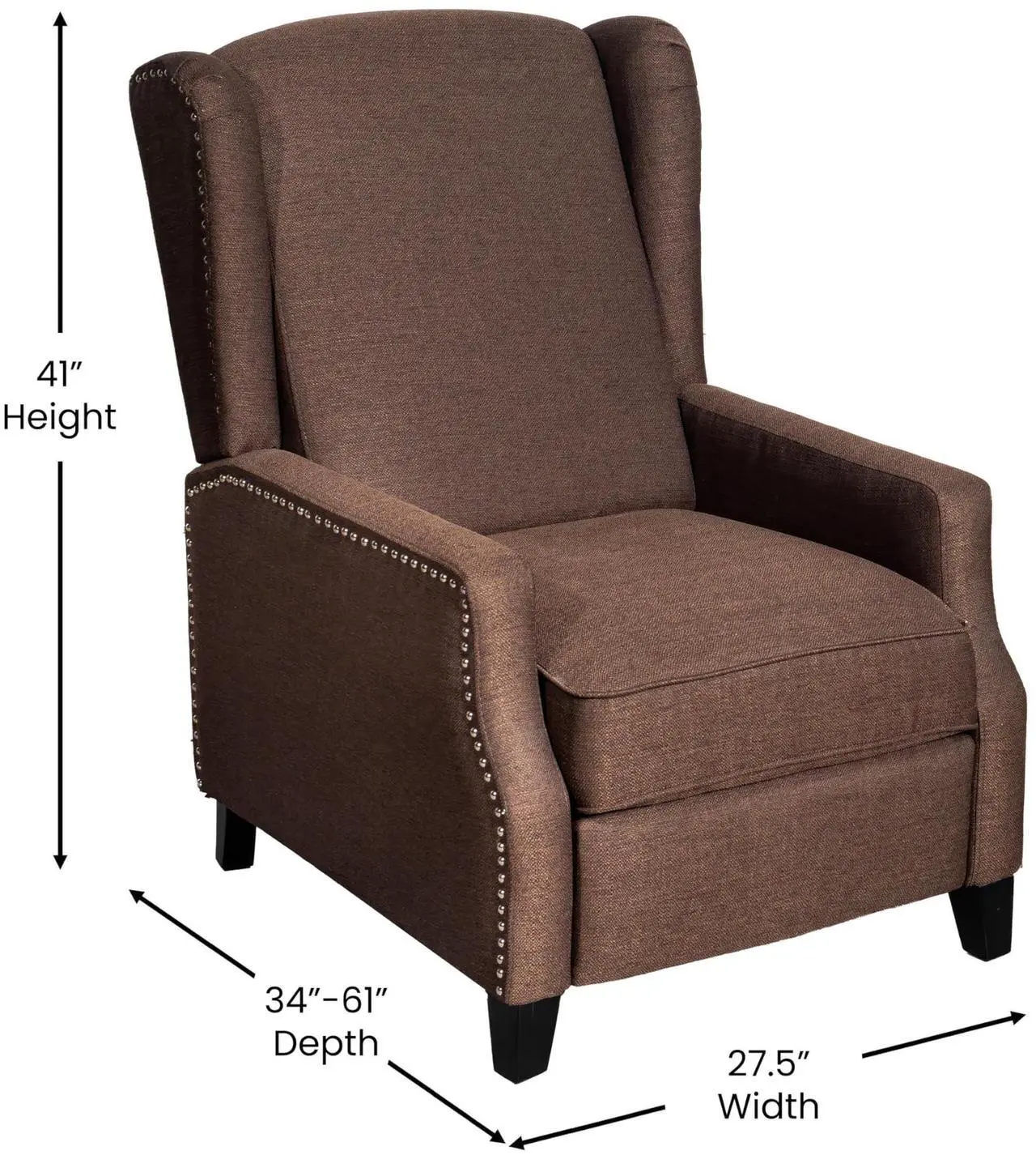 Alt view image 7 of 7 - Flash Furniture Prescott Slim Wingback Recliner Chair - Traditional Push Back Recliner - Brown Polyester Fabric with Accent Nail Trim - Pocket Spring Seat