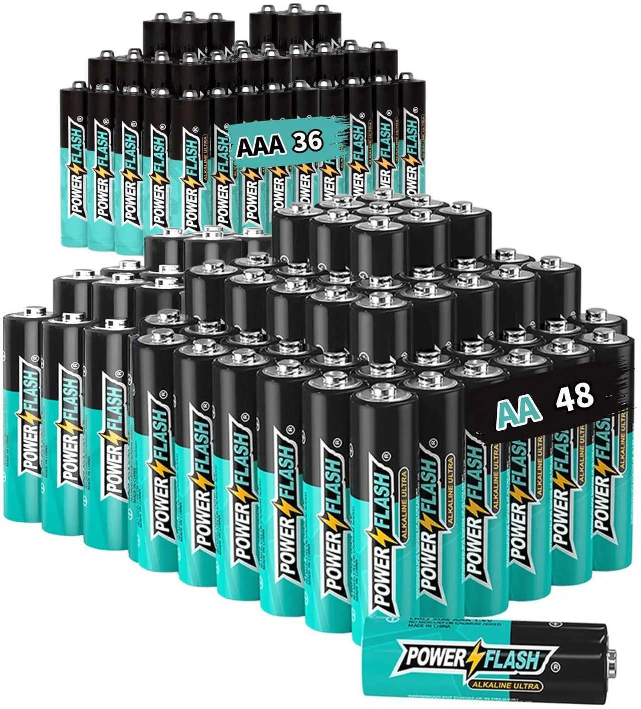 Main image of POWER FLASH Alkaline AA48 AAA36 Batteries 1.5V Long Lasting Batteries are Ideal for use in high tech Devices, Clocks, remotes, and Other Household Devices.