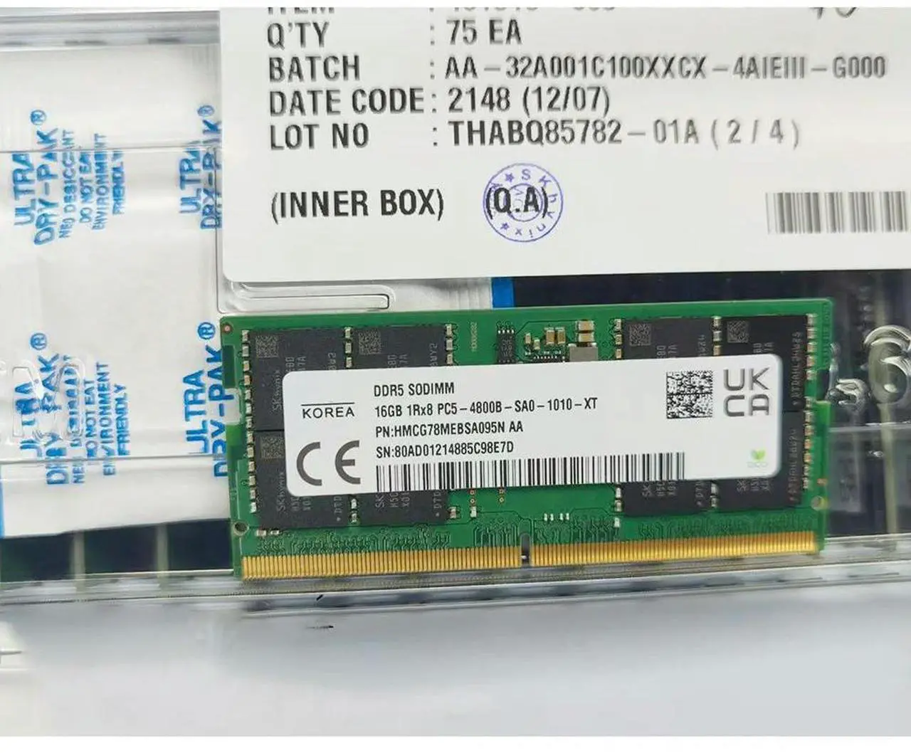 Alt view image 4 of 4 - 1 Pcs For SK Hynix RAM HMCG78MEBSA095N 16G DDR5 4800 1RX8 PC5-4800B 16GB Laptop Memory Fast Ship