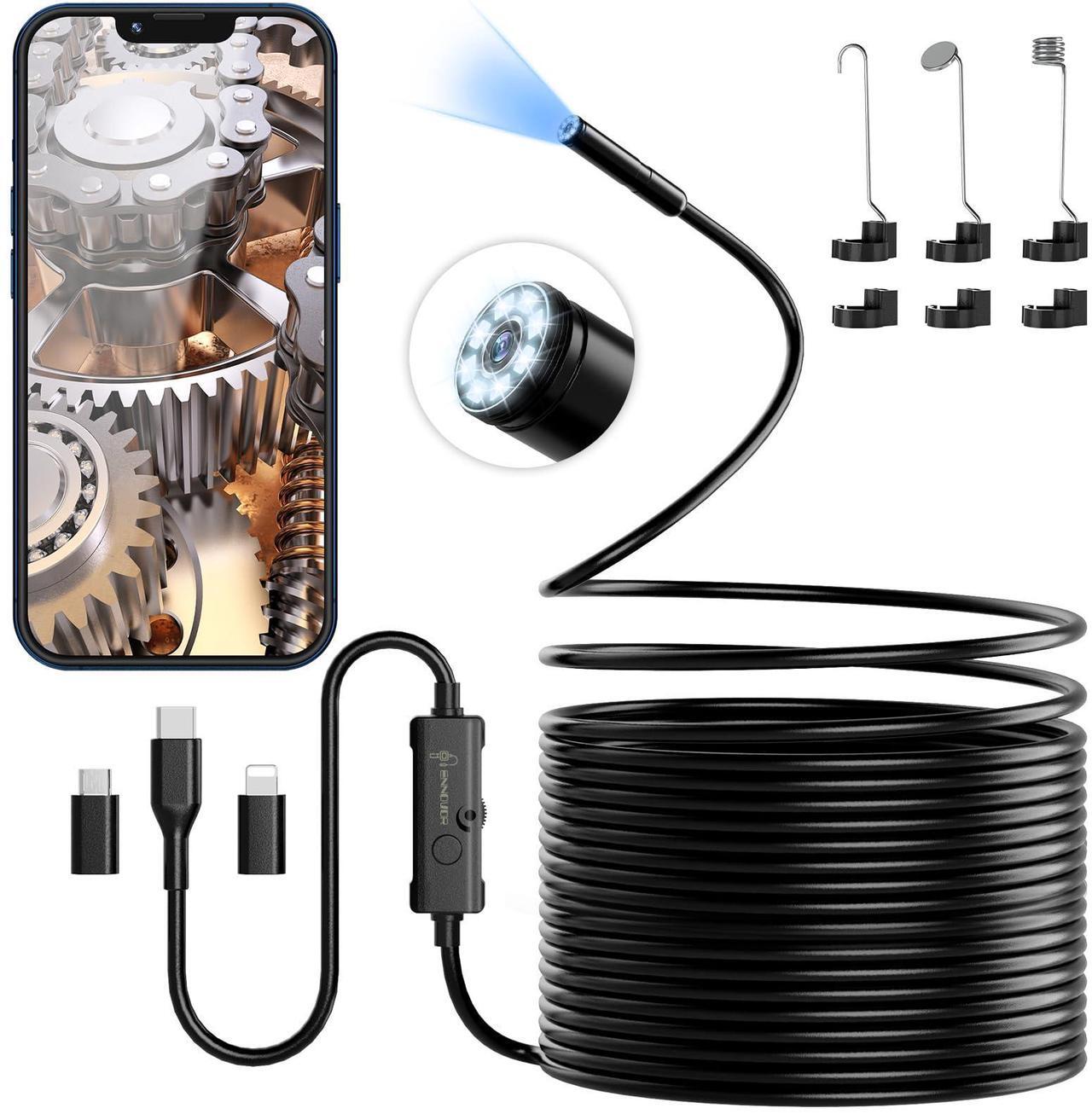 Main image of Endoscope Camera with Light, 1920P HD Borescope Camera with 8 Adjustable LED Lights, 32.8ft Semi-Rigid Snake Camera with Light, IP67 Waterproof 7.9mm Inspection Camera for iOS and Android