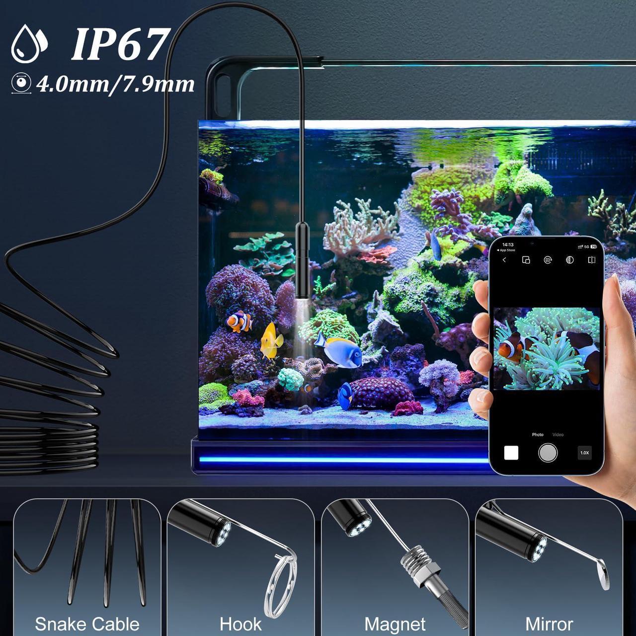 Alt view image 4 of 7 - Endoscope Camera with Light, 1920P HD Borescope Camera with 8 Adjustable LED Lights, 32.8ft Semi-Rigid Snake Camera with Light, IP67 Waterproof 7.9mm Inspection Camera for iOS and Android