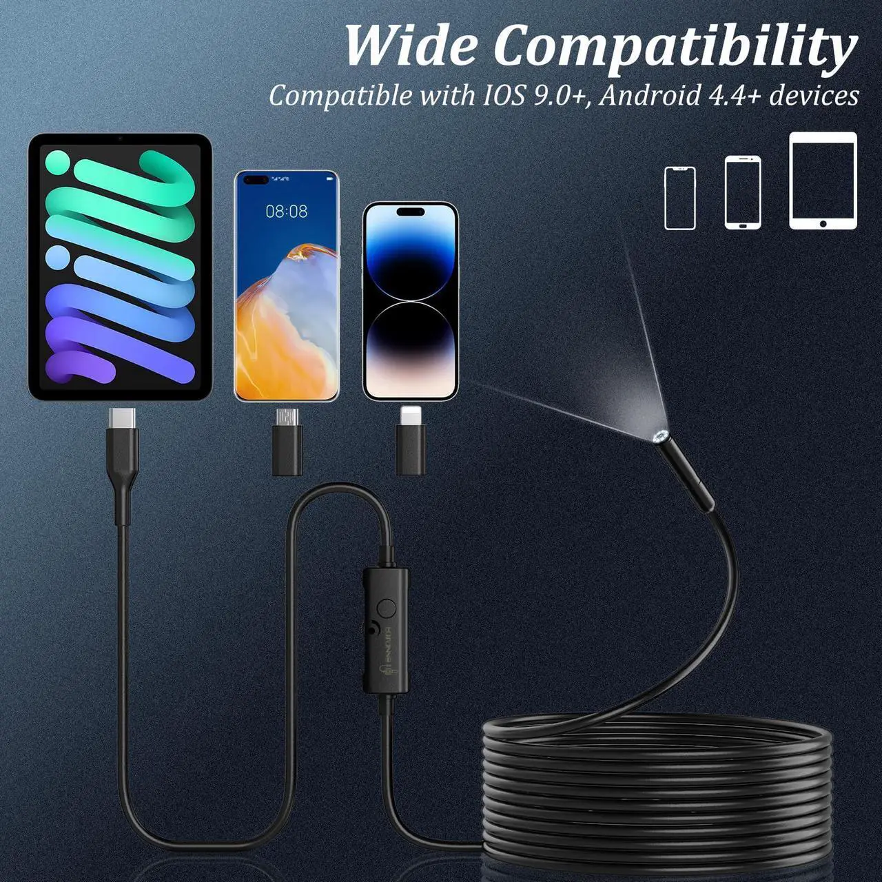 Alt view image 6 of 7 - Endoscope Camera with Light, 1920P HD Borescope Camera with 8 Adjustable LED Lights, 32.8ft Semi-Rigid Snake Camera with Light, IP67 Waterproof 7.9mm Inspection Camera