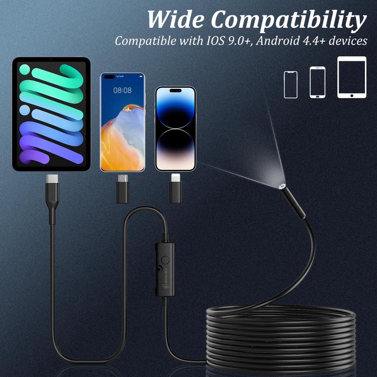 Alt view image 6 of 7 - Endoscope Camera with Light, 1920P HD Borescope Camera with 8 Adjustable LED Lights, 16.4ft Semi-Rigid Snake Camera with Light, IP67 Waterproof 7.9mm Inspection Camera for iOS and Android