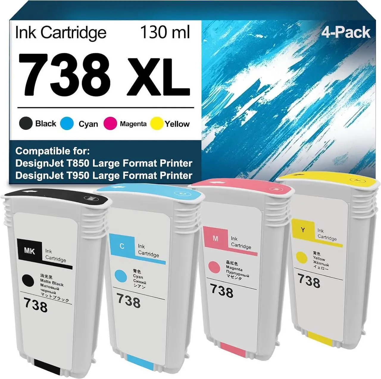 Main image of Ennovor MEZOO 738 Ink Cartridge Replacement with 738XL 498N4A 498N5A 498N6A 498N7A DesignJet Ink Cartridge for DesignJet T850 T950 Large Format Printer(4 Pack, Black Cyan Magenta Yellow)