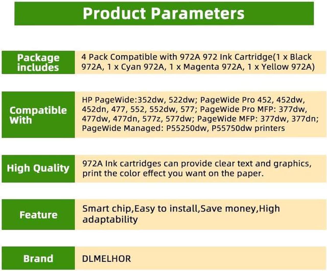 Alt view image 4 of 5 - Ennovor 4-Pack 972A Ink Cartridge Combo Pack Replacement for HP 972 972A Ink Cartridges Compatible with HP PageWide Pro 477dw 577dw 377dw 477dn 452dn Printers,Black Cyan Magenta Yellow