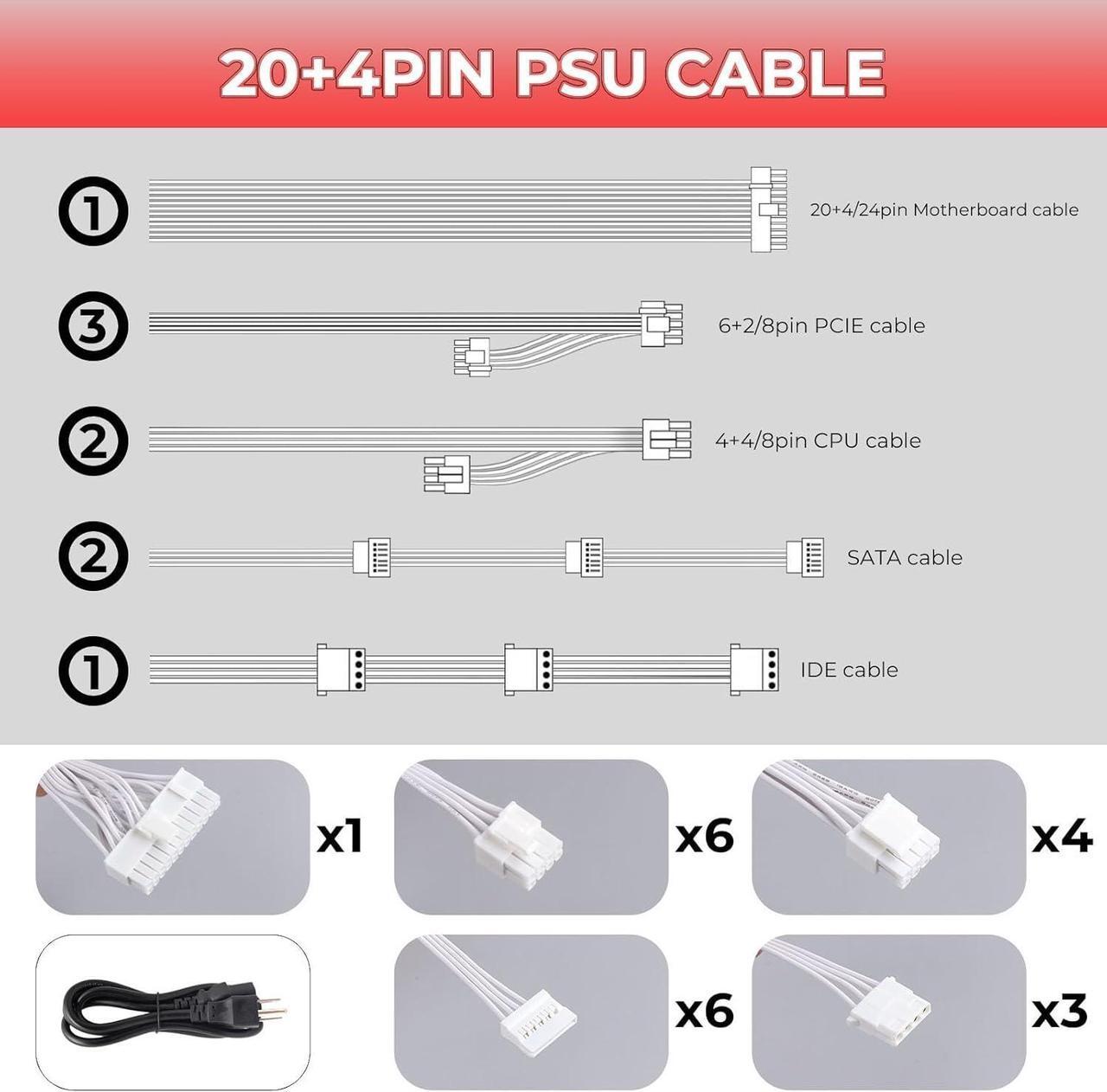 Alt view image 5 of 7 - Power Supply 650W Standard ATX PC PSU 80 Plus Gold Non Modular Full Voltage 110-240V Active PFC with 20+4Pin Motherboard Power Cable for Desktop Gaming Server White