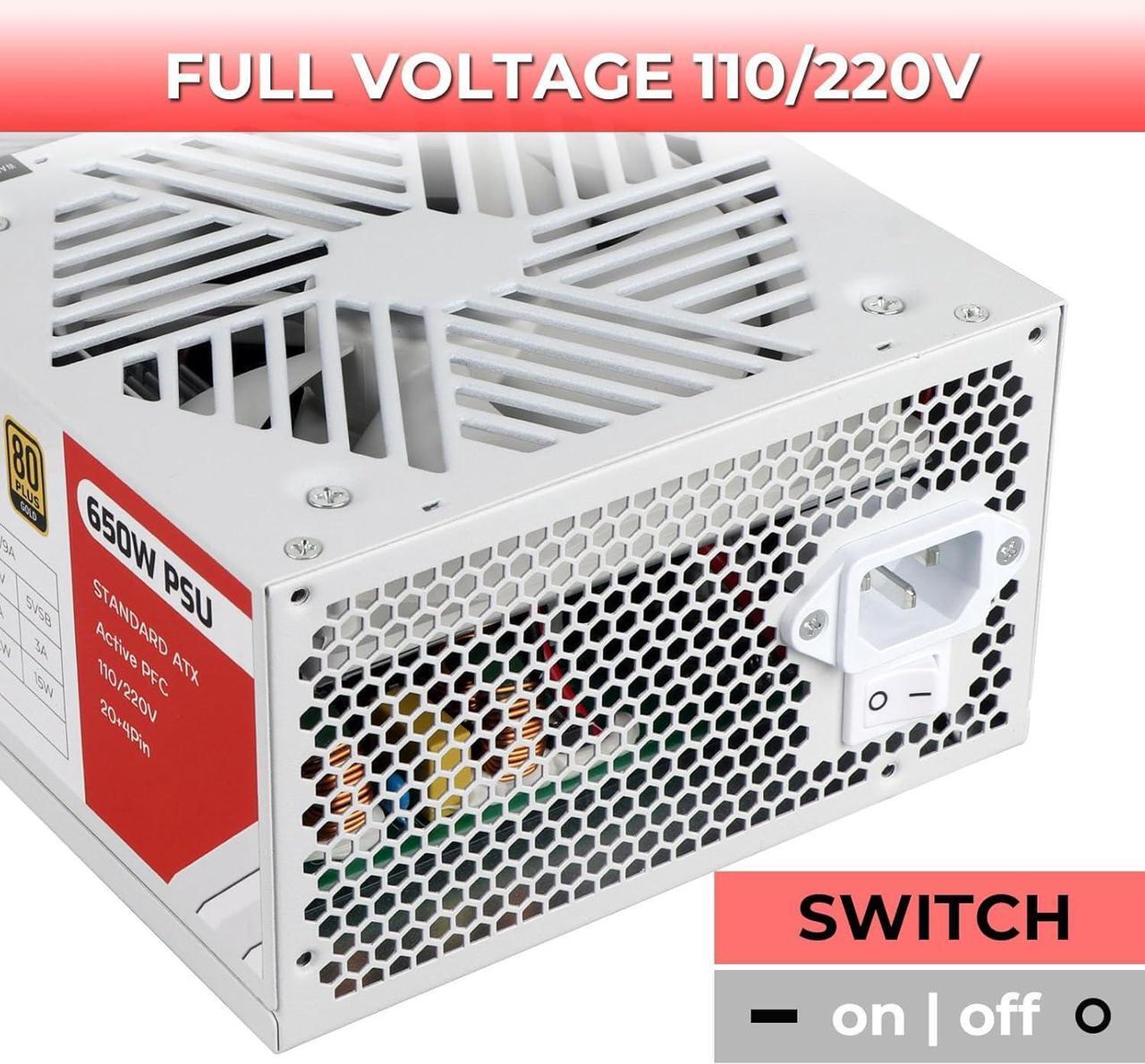 Alt view image 3 of 7 - Power Supply 650W Standard ATX PC PSU 80 Plus Gold Non Modular Full Voltage 110-240V Active PFC with 20+4Pin Motherboard Power Cable for Desktop Gaming Server White