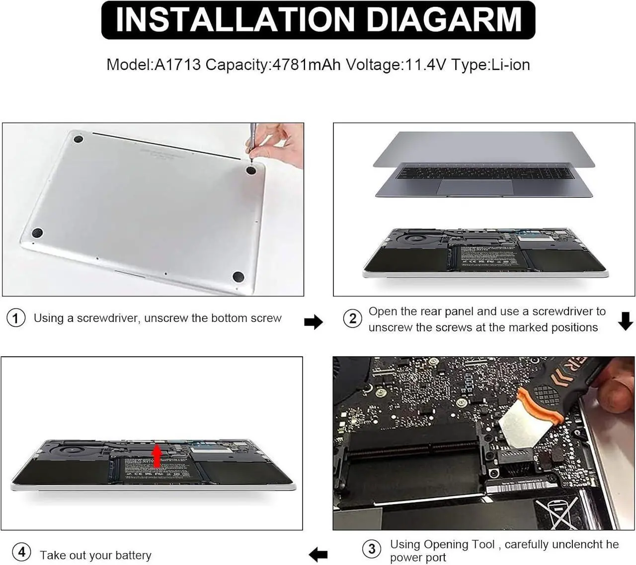 Alt view image 4 of 7 - A1708 A1713 Laptop Battery Replacement for MacBook Pro 13 Inch A1708 (Late 2016, Mid 2017, Mid 2019, 2020), EMC 2978 3164, A2171 Battery for MacBook Pro 13 Inch A2159 (2019) A2289 (2020) A2338 (2020)
