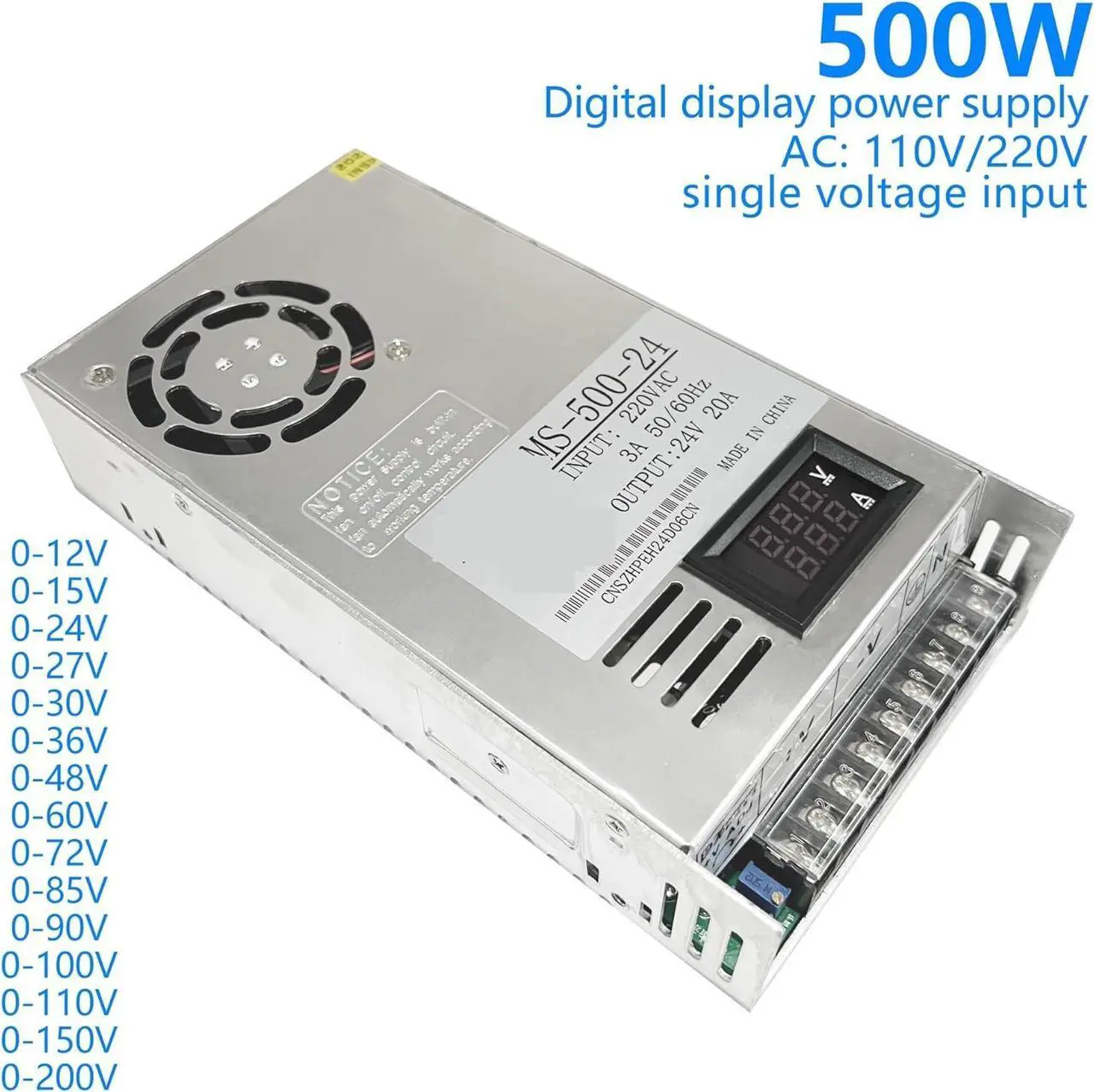 Alt view image 2 of 6 - 500W Universal DC Switching Power Supply 0-12V 15V 24V 36V 48V 60V 85V 200V LED Digital Display Power Supply for Computer Lab, LED Strip Light and So on(110V)