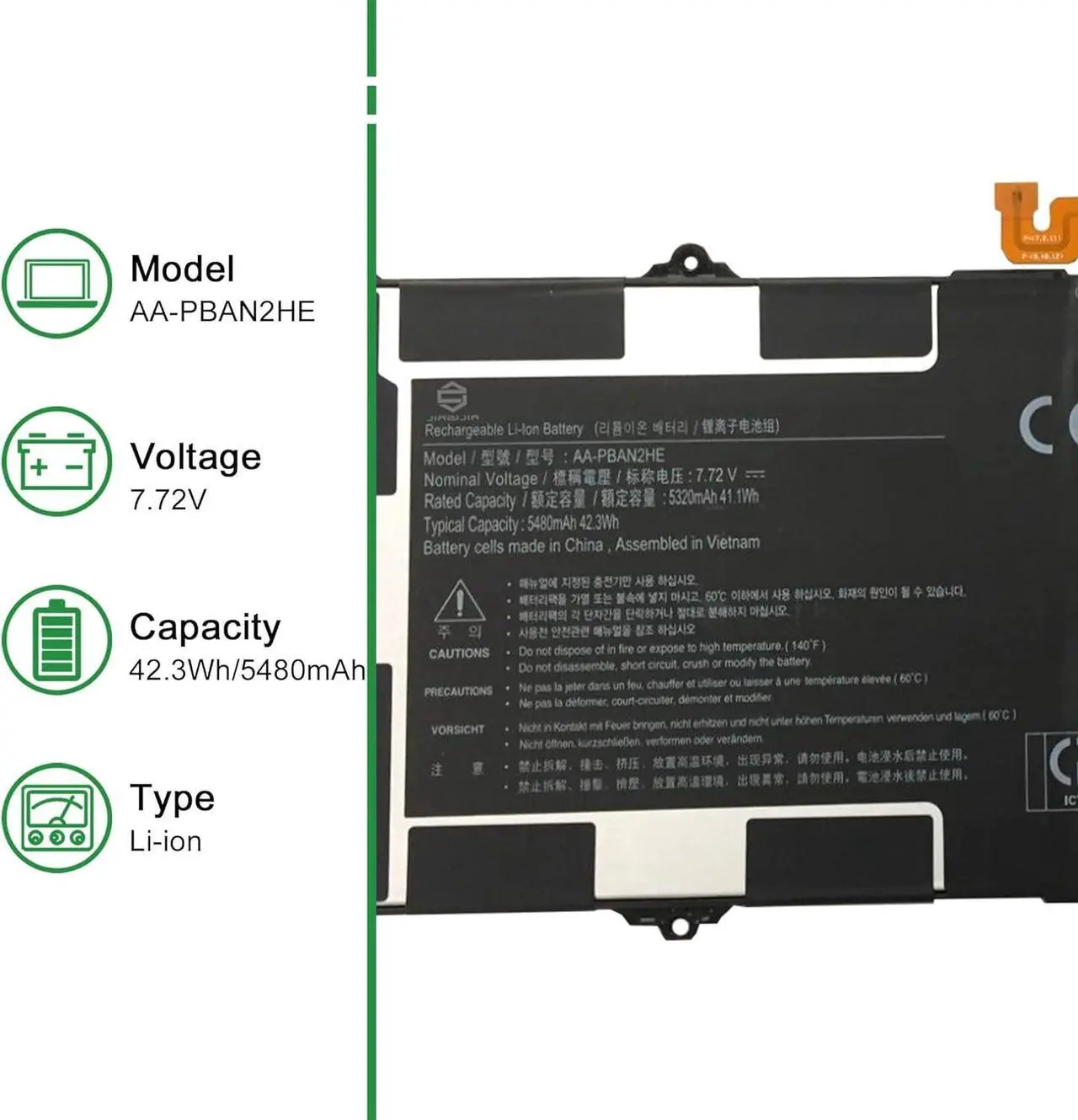 Alt view image 2 of 6 - AA-PBAN2HE Laptop Battery Replacement for Samsung Galaxy Book Go 340XDA NP340XLA Series Notebook Black 7.72V 42.3Wh 5480mAh