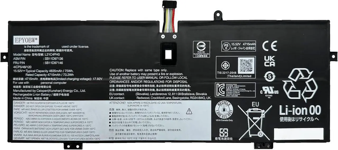 Main image of L21C4PH0 L21D4PH0 Laptop Battery 75Wh 4835mAh 4-Cell 15.52V Compatible with Lenovo IdeaPad Yoga 9-14IAP7 82LU / Yoga 9-14IRP8 83B1 Series L21B4PH0