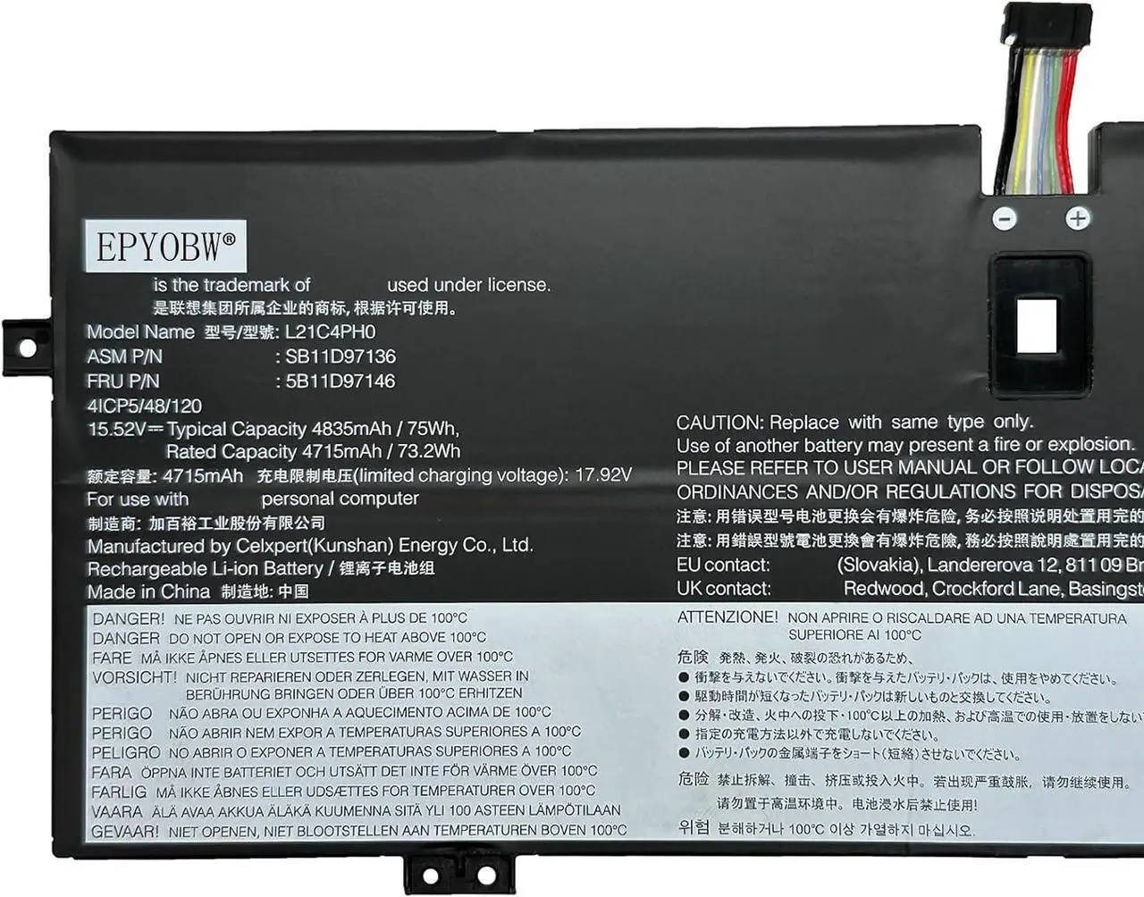 Alt view image 2 of 5 - L21C4PH0 L21D4PH0 Laptop Battery 75Wh 4835mAh 4-Cell 15.52V Compatible with Lenovo IdeaPad Yoga 9-14IAP7 82LU / Yoga 9-14IRP8 83B1 Series L21B4PH0