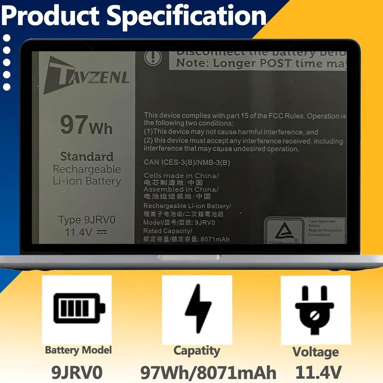 Alt view image 2 of 7 - 9JRV0 97Wh Battery Replacement for Dell Precision 3581 3571 3561 Latitude 5531 5521 Series Alienware m18 R1 R2 Series Alienware m17 R5 AMD 0P3TJ R05P0 11.25V 3735